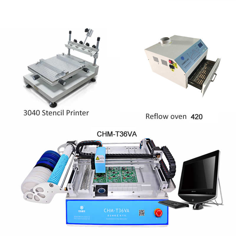 LED PCB assembly line Classic Set: CHM-T36VA Pick and Place Machine +3040 Stencil Printer + CHMRO-420 Reflow Oven,